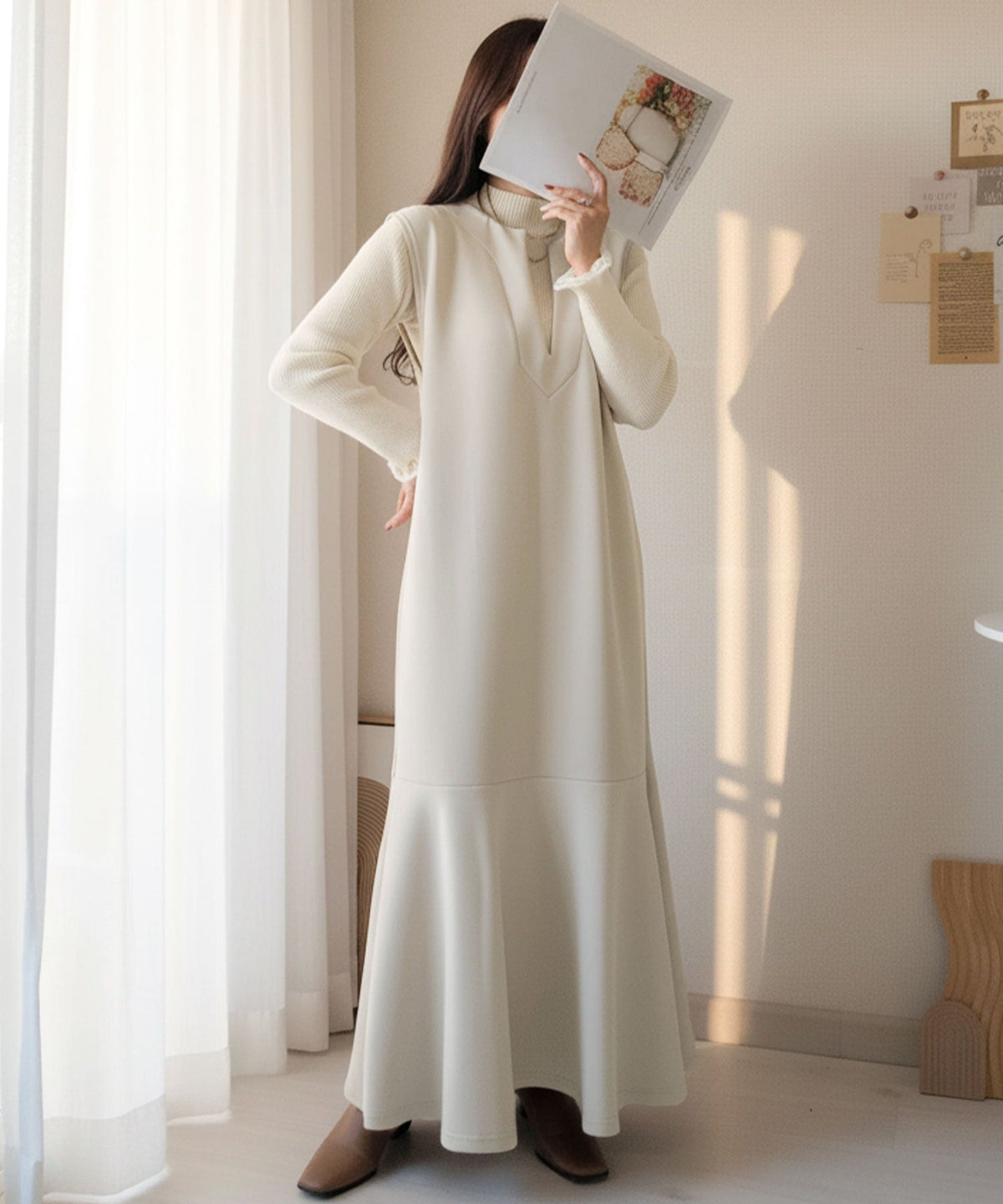 《daaco×クラシカルエルフコラボ》着回し抜群、一枚でフェミニンな抜け感をプラス♪キーネックダンボールロングワンピース ce1010514