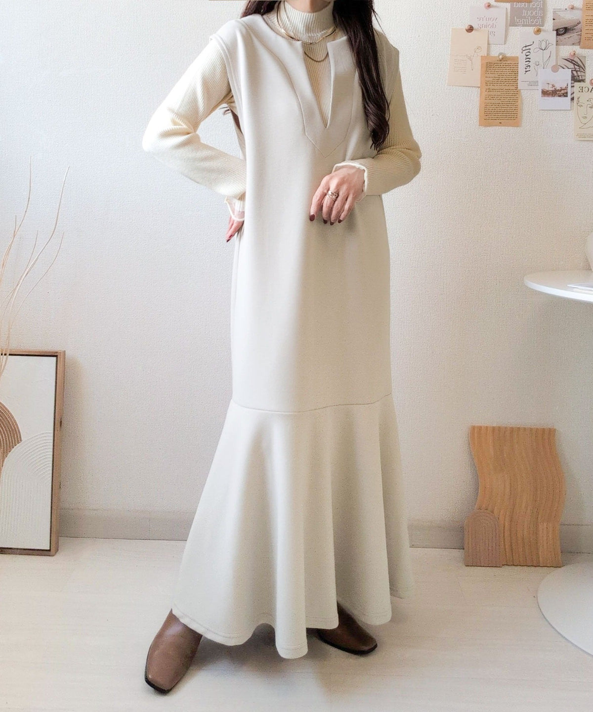 《daaco×クラシカルエルフコラボ》着回し抜群、一枚でフェミニンな抜け感をプラス♪キーネックダンボールロングワンピース ce1010514