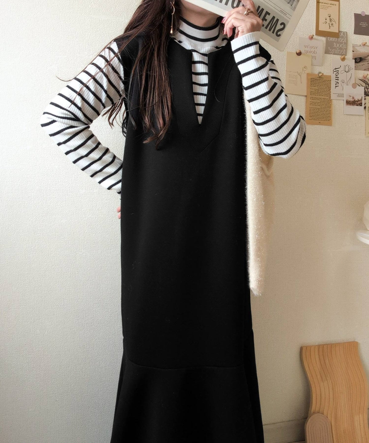 《daaco×クラシカルエルフコラボ》着回し抜群、一枚でフェミニンな抜け感をプラス♪キーネックダンボールロングワンピース ce1010514