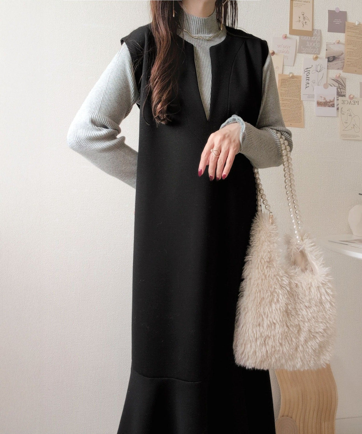 《daaco×クラシカルエルフコラボ》着回し抜群、一枚でフェミニンな抜け感をプラス♪キーネックダンボールロングワンピース ce1010514