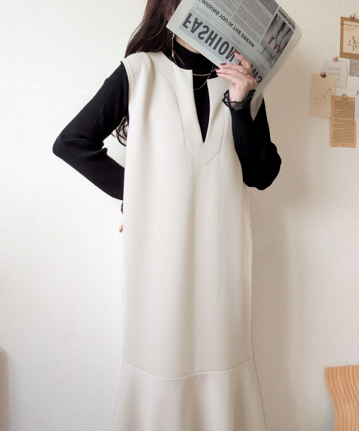 《daaco×クラシカルエルフコラボ》着回し抜群、一枚でフェミニンな抜け感をプラス♪キーネックダンボールロングワンピース ce1010514