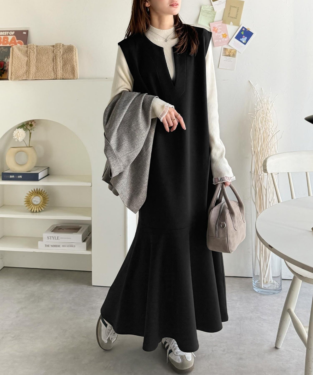 《daaco×クラシカルエルフコラボ》着回し抜群、一枚でフェミニンな抜け感をプラス♪キーネックダンボールロングワンピース ce1010514