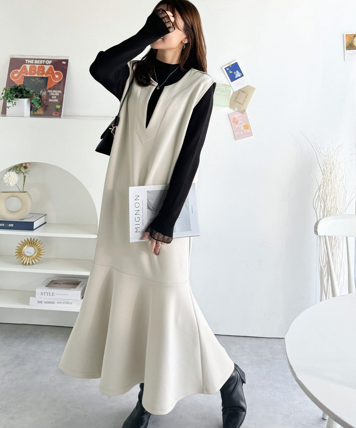 《daaco×クラシカルエルフコラボ》着回し抜群、一枚でフェミニンな抜け感をプラス♪キーネックダンボールロングワンピース ce1010514