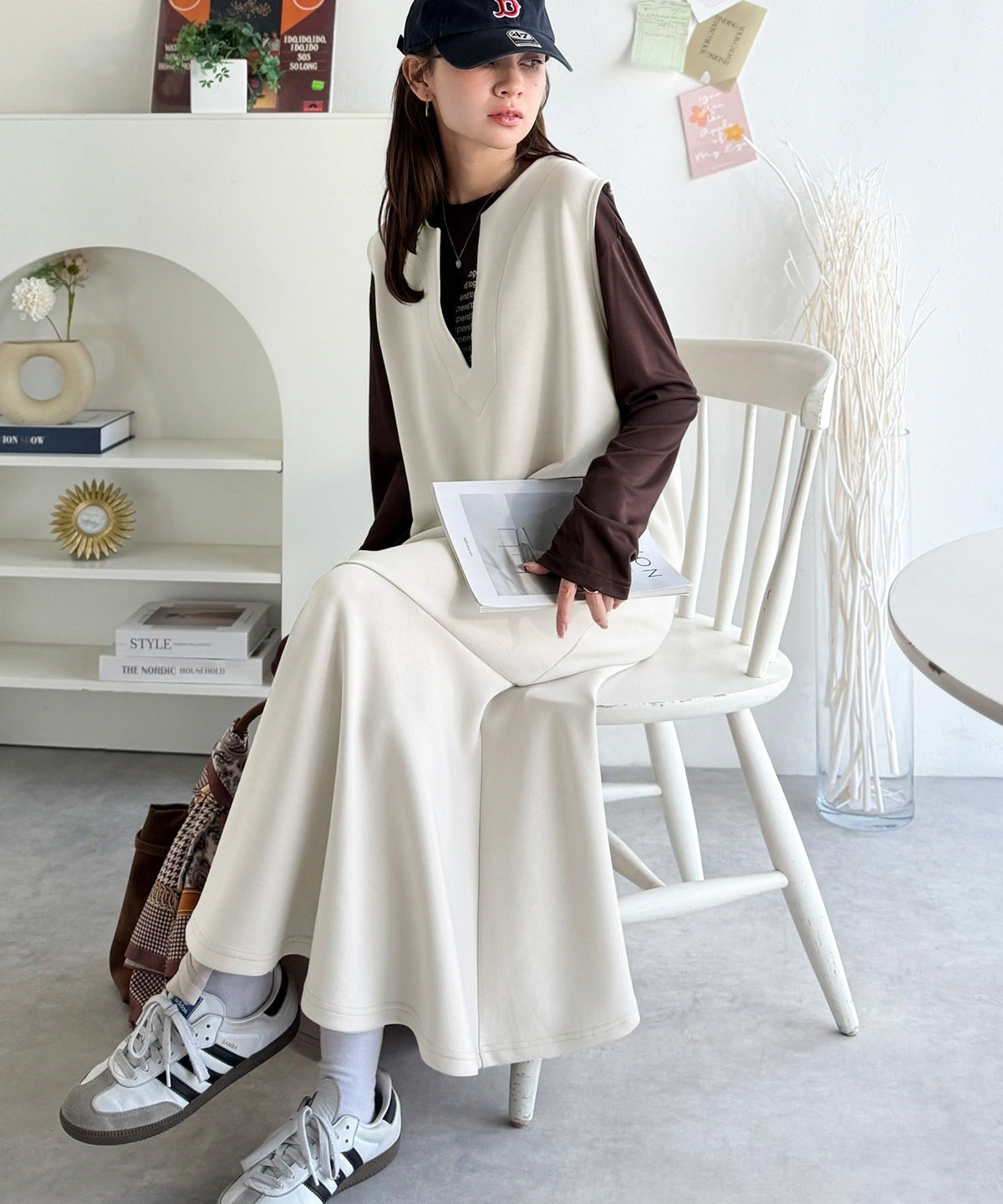 《daaco×クラシカルエルフコラボ》着回し抜群、一枚でフェミニンな抜け感をプラス♪キーネックダンボールロングワンピース ce1010514