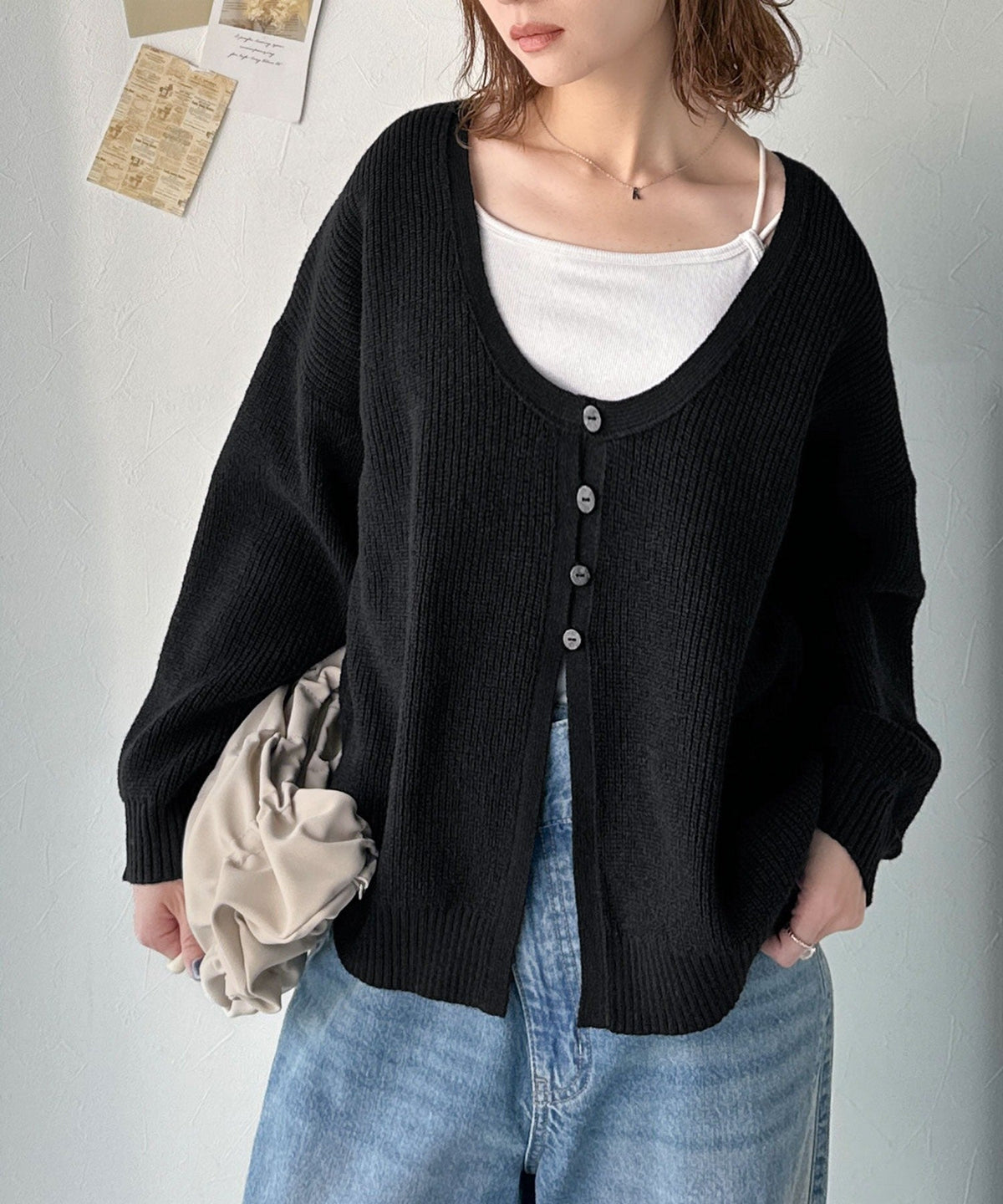 《marina×クラシカルエルフコラボ》ヘルシーな肌見せで上品さを演出♪2way仕様の万能深Uニットカーディガン ce1350009