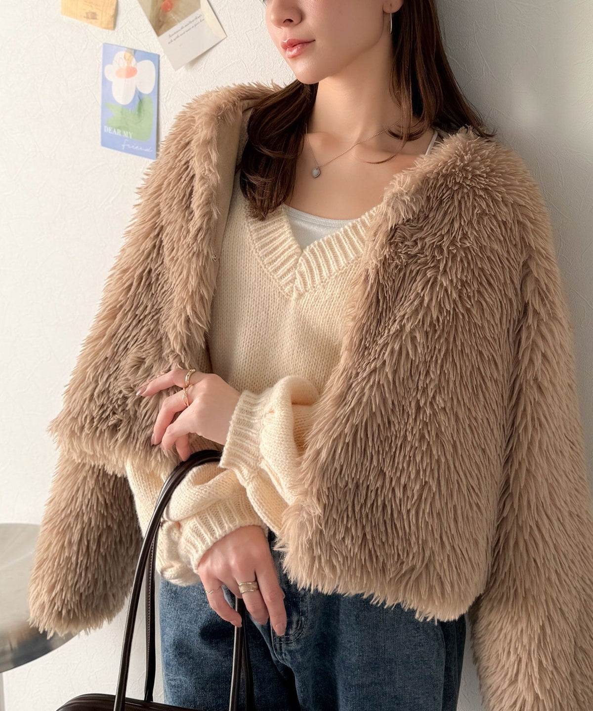 《AYA×クラシカルエルフコラボ》品なノーカラーショートファーコート。ノーカラーショートファーコート ce1010522