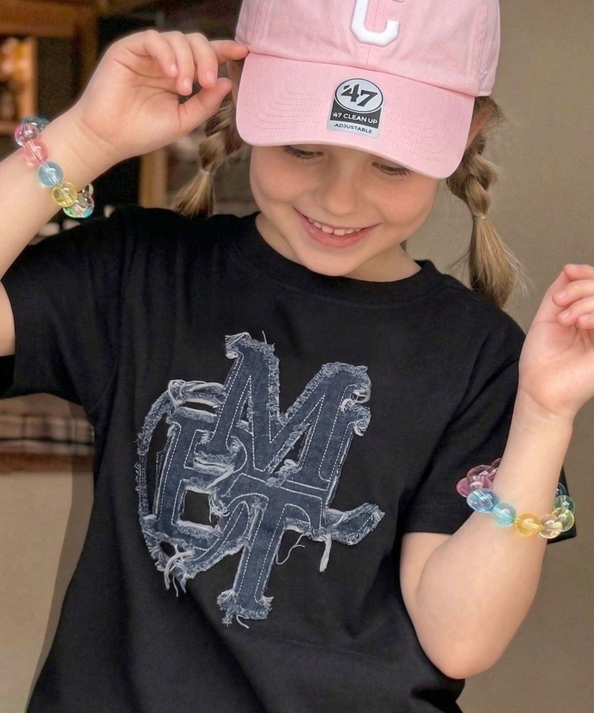 【キッズ】親子リンクコーデ可能♪毎日着せたい 綿100％デニムワッペンフリンジ使いTシャツ mk1329037
