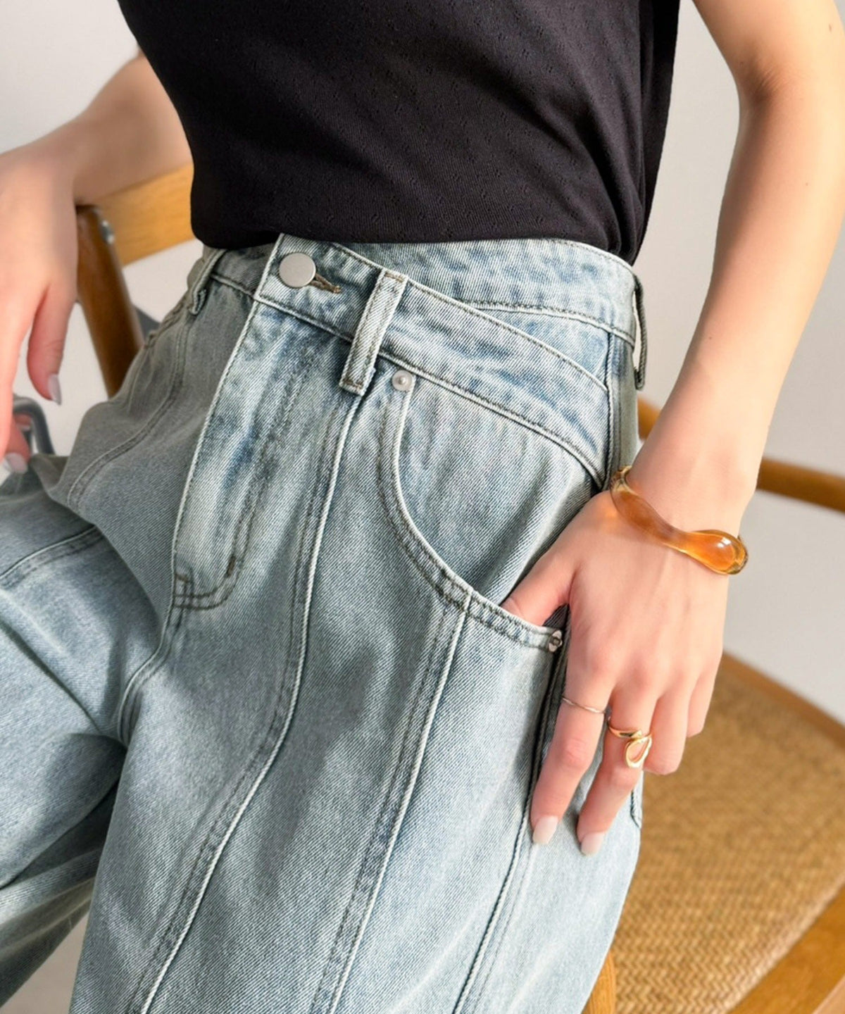 【mily bilet】盛れるワイド、優勝シルエット。ウエストアシメデザイン切り替えラインデニムパンツ mi0909026