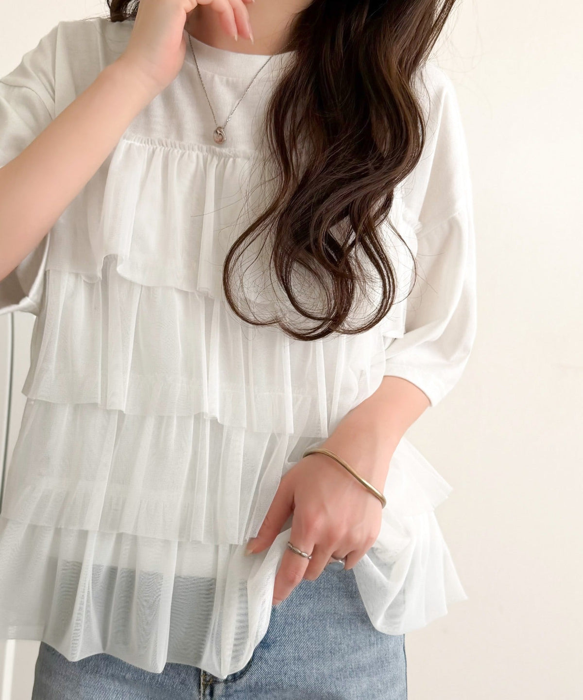 重ねてる風、が今っぽい。ビスチェ風チュールフリルドッキングTシャツ（半袖） ce1010572