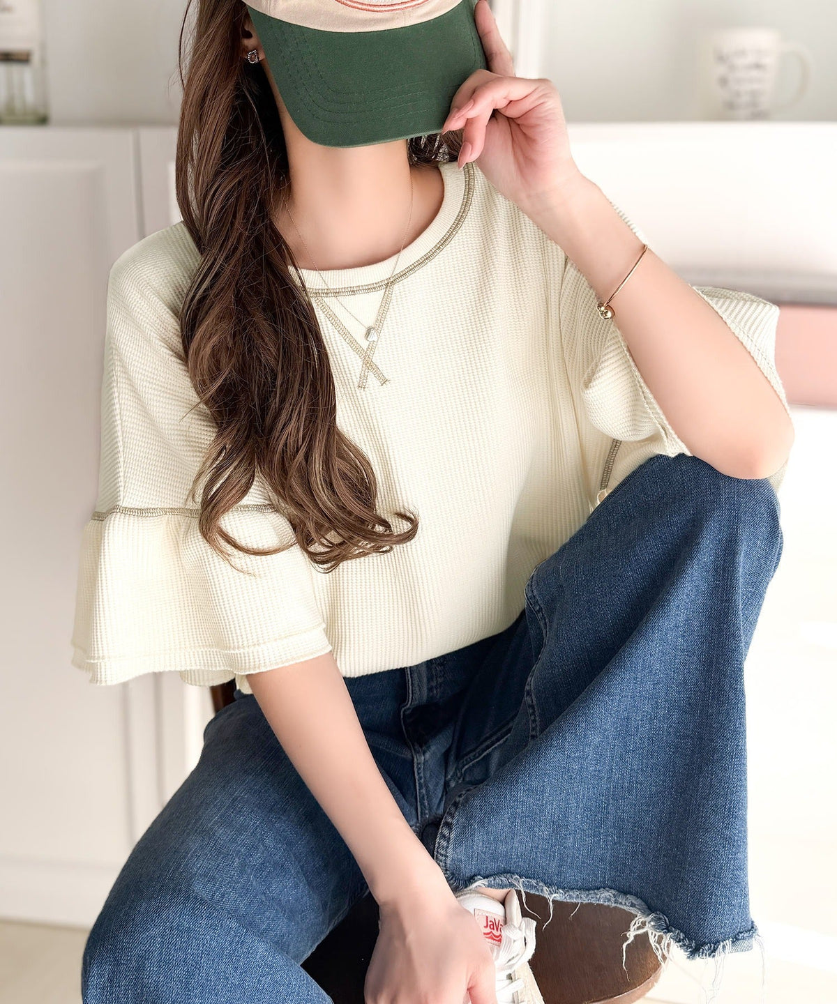 《JaVaジャバコラボ》甘さと着やすさの絶妙バランス。ワッフルダブルフリルトップス (半袖) jv1260561