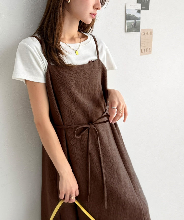 【吸水速乾・防シワ機能付き】凹凸感のあるジャガードで、シンプルコーデを格上げ♪ウェーブジャガードキャミワンピース（ロング丈） ce1000015