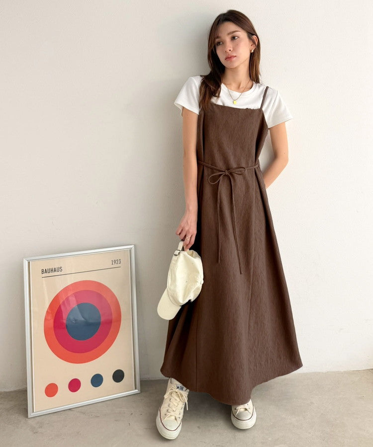 【吸水速乾・防シワ機能付き】凹凸感のあるジャガードで、シンプルコーデを格上げ♪ウェーブジャガードキャミワンピース（ロング丈） ce1000015