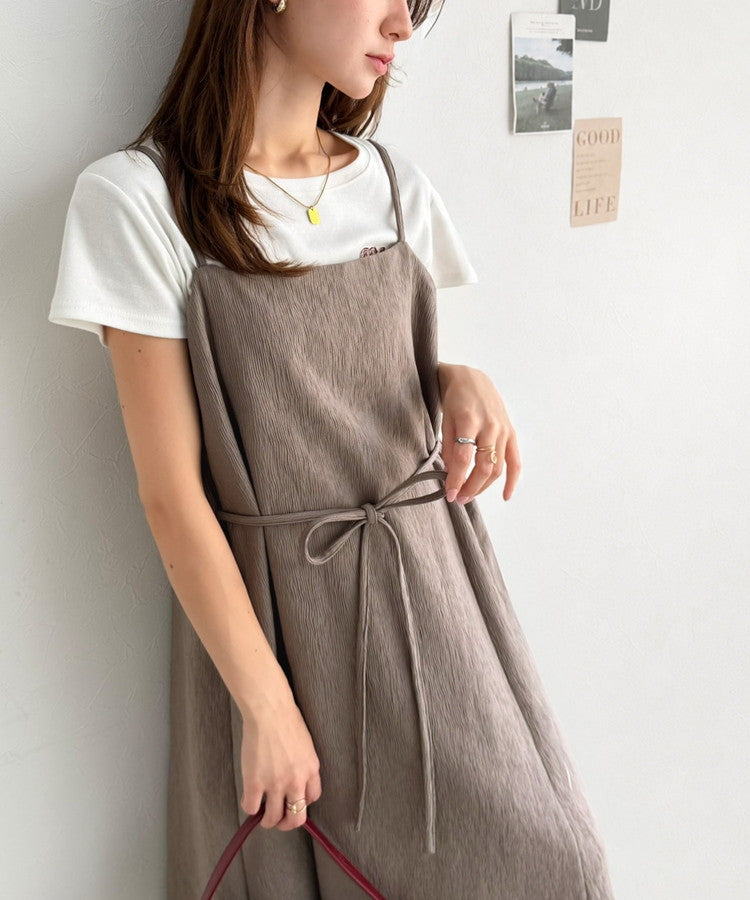 【吸水速乾・防シワ機能付き】凹凸感のあるジャガードで、シンプルコーデを格上げ♪ウェーブジャガードキャミワンピース（ロング丈） ce1000015
