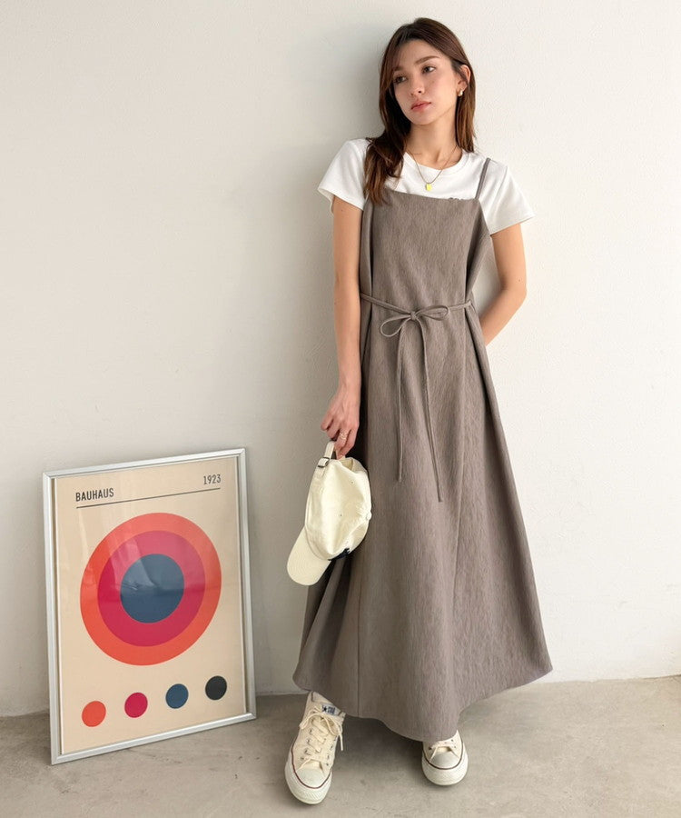 【吸水速乾・防シワ機能付き】凹凸感のあるジャガードで、シンプルコーデを格上げ♪ウェーブジャガードキャミワンピース（ロング丈） ce1000015