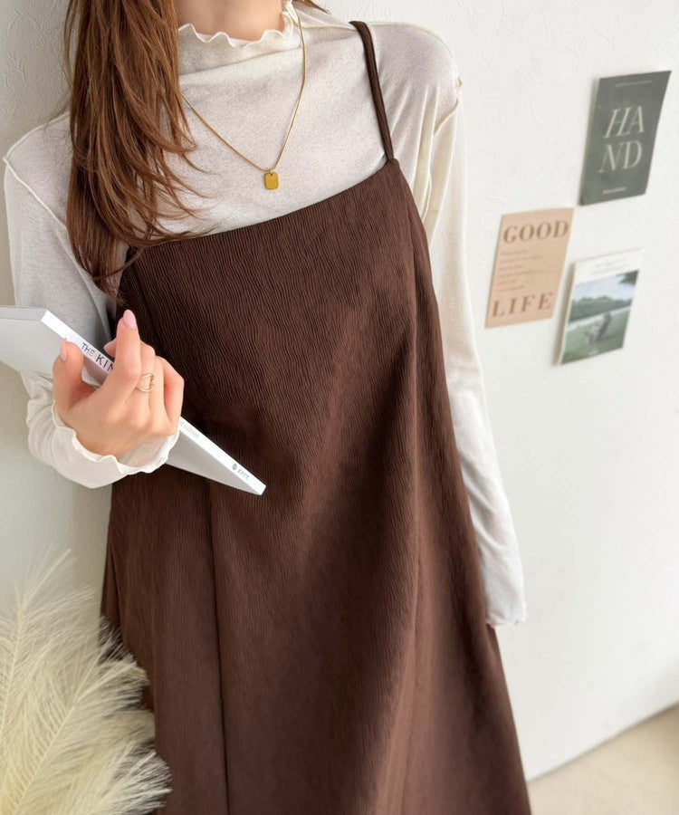 【吸水速乾・防シワ機能付き】凹凸感のあるジャガードで、シンプルコーデを格上げ♪ウェーブジャガードキャミワンピース（ロング丈） ce1000015