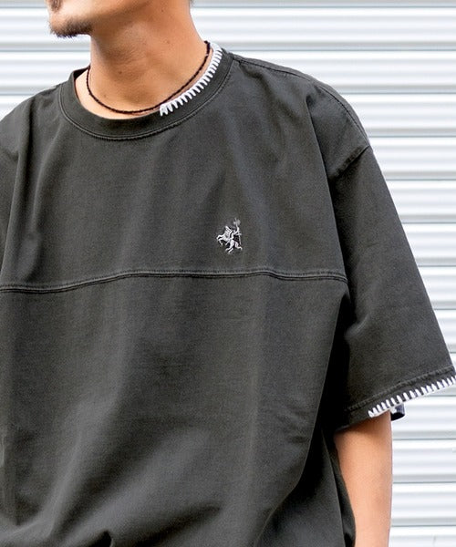 《JaVa ジャバコラボ》レトロモダンな大人カジュアルTee。Tシャツワンポイントハンド刺繍ピグメントTシャツ jm1260109