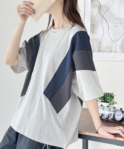 《JaVaジャバ コラボ》理想のゆったり感。綿100％マルチカラー配色切替Tシャツ jv1050178