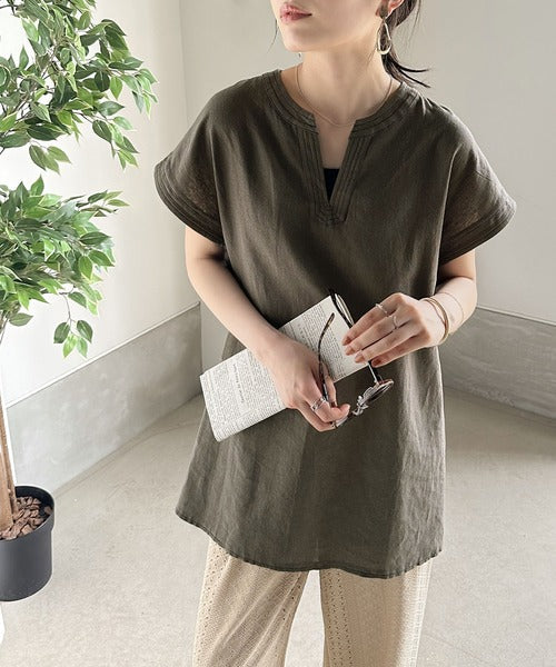 上品リラクシー。2way麻混Vネックトップス ce0940099