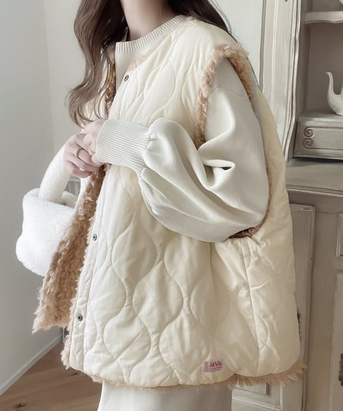 《JaVa ジャバコラボ》ふっくら＆あったか♪2way中綿キルティング×ファーリバーシブルベスト jv1260024