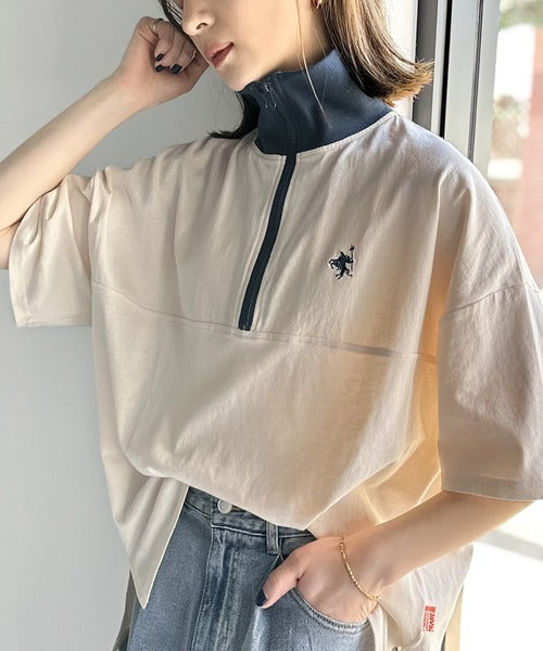 《JaVa ジャバコラボ》技あり大人コーデ。綿100％配色ハーフジッププルオーバー jv1050086