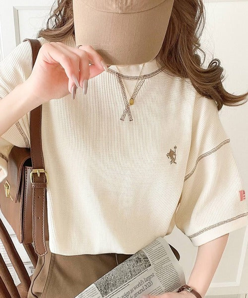 《JaVa ジャバコラボ》ポコポコ素材が今の気分♪胸刺繍＆配色ステッチワッフル半袖Tシャツ jv1260111