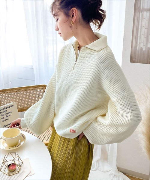 《JaVaジャバ コラボ》レトロ可愛い。マルチボーダー軽量ワッフルハーフジップニット jv1050053