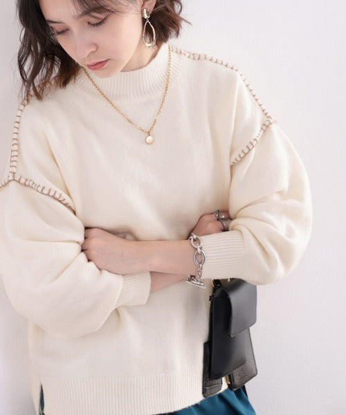 ざっくり今っぽい。モックネックハンドステッチ風オーバーニット clf018