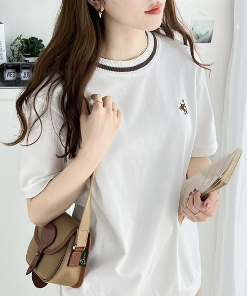 レトロ配色が可愛い。綿100%、編立リブワンポイント刺繍鹿の子Tシャツ ce1260165