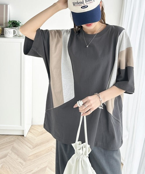 《JaVaジャバ コラボ》理想のゆったり感。綿100％マルチカラー配色切替Tシャツ jv1050178