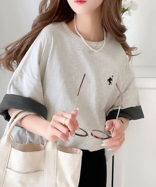 プラスワンでトレンド感UP。綿100%胸刺繍リバーシブルTシャツ ce1050179