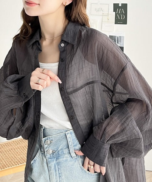 【sustaina+】上品なシアー感。シアーワッシャー切替ビッグシャツ ce1110068