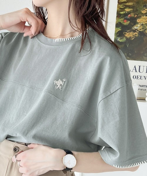 《Javaジャバコラボ》ステッチデザインが目を惹く。綿100%ワンポイントハンド刺繍ピグメントTシャツ jv1260109