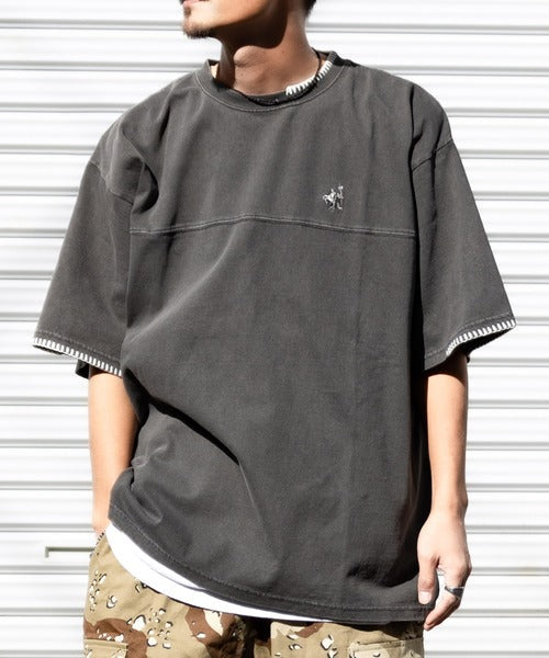 《JaVa ジャバコラボ》レトロモダンな大人カジュアルTee。Tシャツワンポイントハンド刺繍ピグメントTシャツ jm1260109