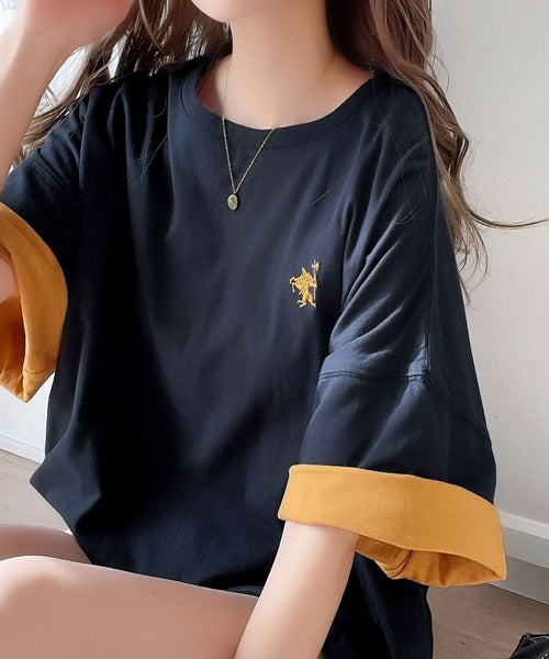 プラスワンでトレンド感UP。綿100%胸刺繍リバーシブルTシャツ ce1050179