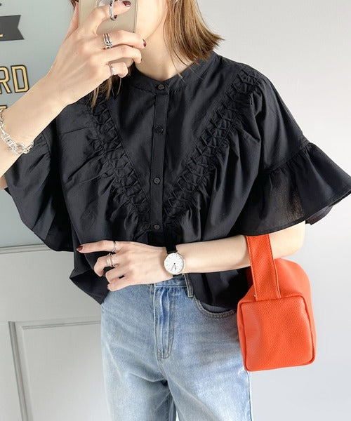 《JaVaジャバ 別注》夏の大人フェミニン。綿100% 2wayタックフリル袖ブラウス jv1010218