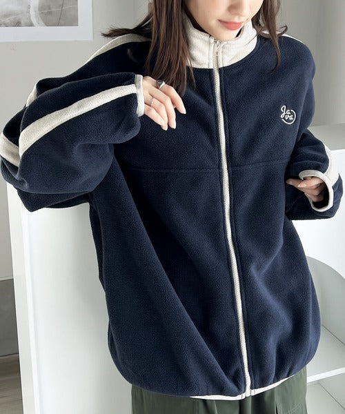 《Javaジャバコラボ》大人スポーティ ロゴ刺繍 フリースサイドライン配色フルジップトップス jv1050117