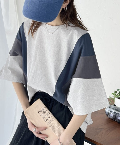 《JaVaジャバ コラボ》理想のゆったり感。綿100％マルチカラー配色切替Tシャツ jv1050178