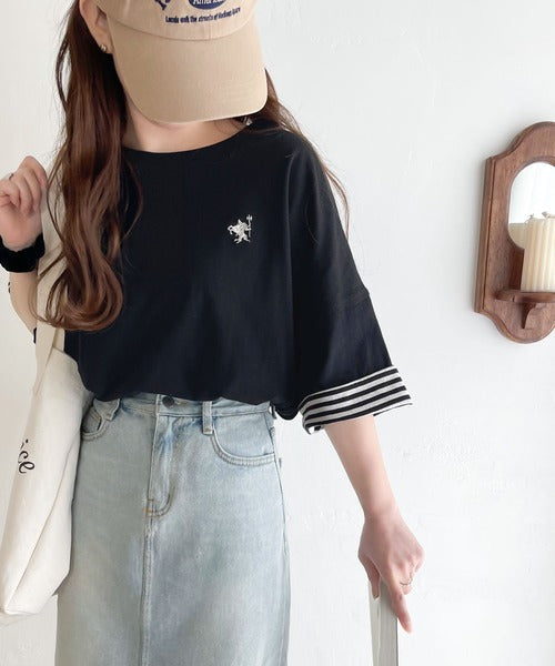 プラスワンでトレンド感UP。綿100%胸刺繍リバーシブルTシャツ ce1050179