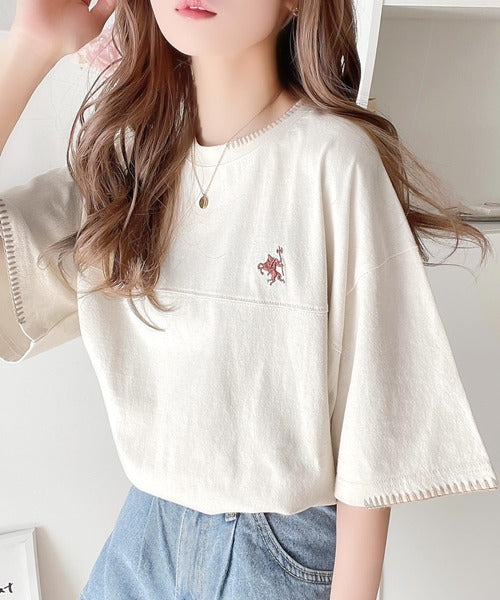 《Javaジャバコラボ》ステッチデザインが目を惹く。綿100%ワンポイントハンド刺繍ピグメントTシャツ jv1260109