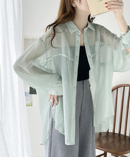 【sustaina+】上品なシアー感。シアーワッシャー切替ビッグシャツ ce1110068