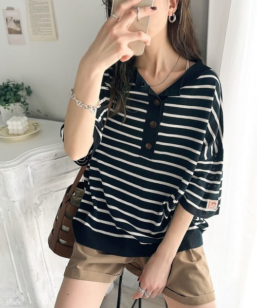《JaVa ジャバコラボ》さらっとお洒落。2wayヘンリーネックボーダーサマーニット jv1050083