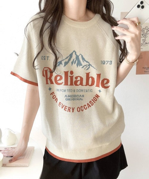 《JaVa ジャバコラボ》大人のカジュアルトップス。前後2way ラグラン半袖グラフィックニットTシャツ jv1050169