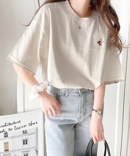 《Javaジャバコラボ》ステッチデザインが目を惹く。綿100%ワンポイントハンド刺繍ピグメントTシャツ jv1260109