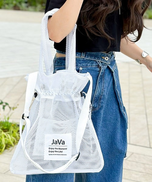 《JAVAジャバ 別注》お洒落度アップ。シアーメッシュ２way巾着トートバッグ jv1159012