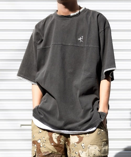 《JaVa ジャバコラボ》レトロモダンな大人カジュアルTee。Tシャツワンポイントハンド刺繍ピグメントTシャツ jm1260109