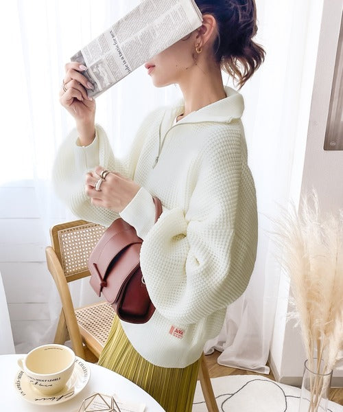 《JaVaジャバ コラボ》レトロ可愛い。マルチボーダー軽量ワッフルハーフジップニット jv1050053