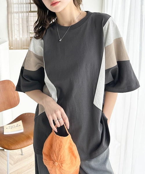 《JaVaジャバ コラボ》理想のゆったり感。綿100％マルチカラー配色切替Tシャツ jv1050178