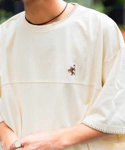 《JaVa ジャバコラボ》レトロモダンな大人カジュアルTee。Tシャツワンポイントハンド刺繍ピグメントTシャツ jm1260109
