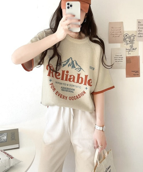 《JaVa ジャバコラボ》大人のカジュアルトップス。前後2way ラグラン半袖グラフィックニットTシャツ jv1050169