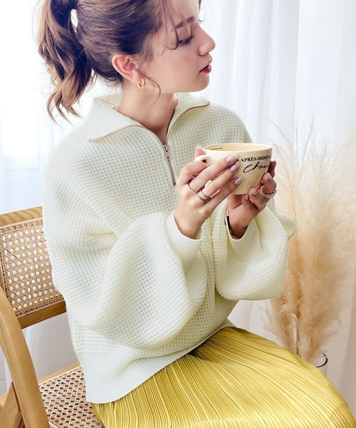 《JaVaジャバ コラボ》レトロ可愛い。マルチボーダー軽量ワッフルハーフジップニット jv1050053